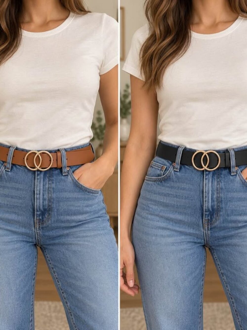 2 Pack Women Leather Belts Faux Leather Jeans Belt with Double O Ring Buckle